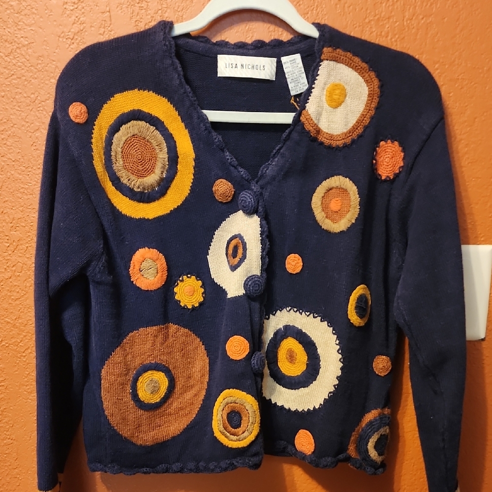 Lisa Nichols Vintage Navy Circle Appliqué Cardigan Sweater